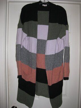 SO Open Front Long Cardigan Size XL in Black/Green/Blush/Purple/Gray